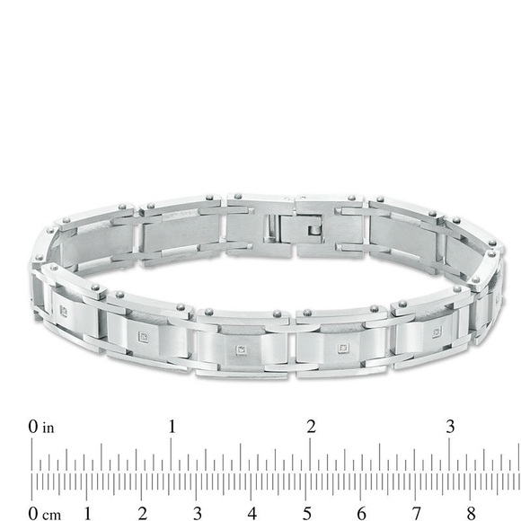 BRAND NEW Men’s 1/20 CT. T.W. Diamond Rectangle Link Bracelet in Stainless Steel - Picture 3 of 7